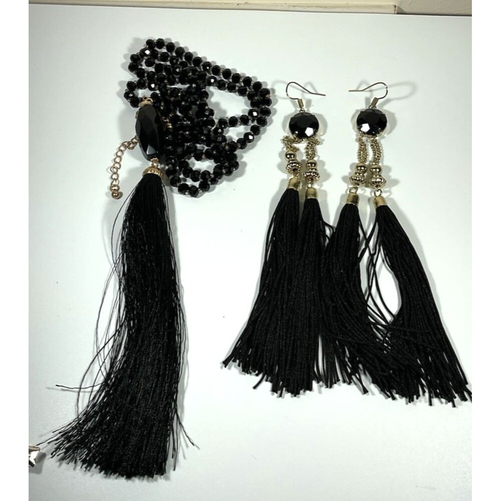 Black Tassel Earrings & Necklace Set Black Faceted Beads Gold Tone Flapper Boho